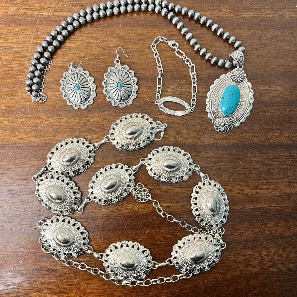 Concho Belt Jewelry Themed Lot Silver Concho Belt Turquoise Necklace Western